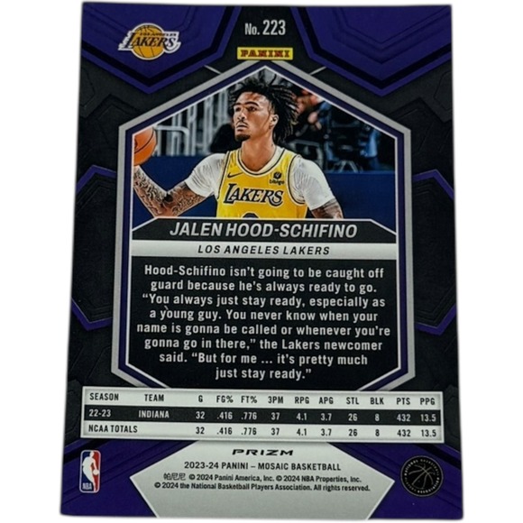 Jalen Hood Schifino 2023 24 Panini Prizm RC Basketball Card Los Angeles Lakers - Picture 2 of 2